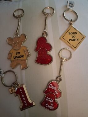 Vintage Lot Of 5 Keychains Metal Epoxy  Hearts, Teddy Bear, Born To Party